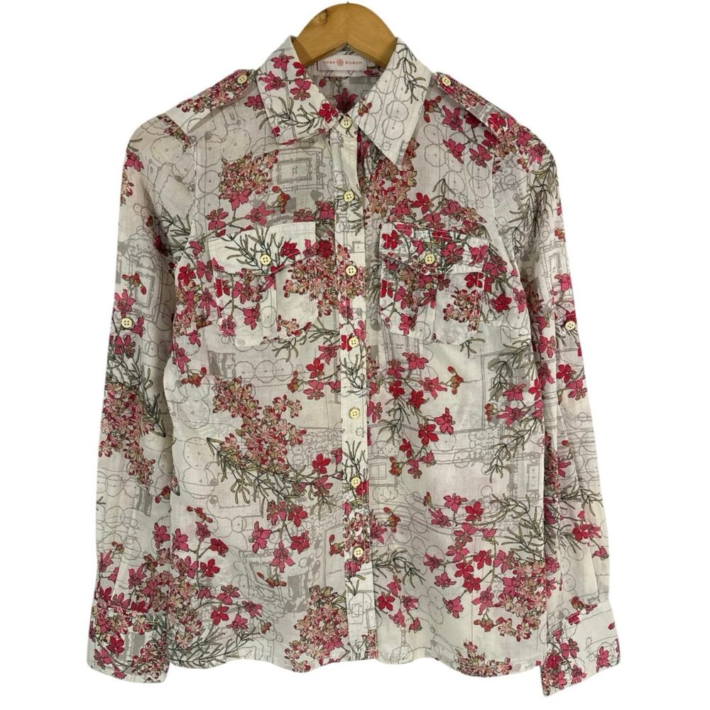 Tory Burch Floral Print Button Down Shirt Women’s Size 2 Beige Red  100% Cotton